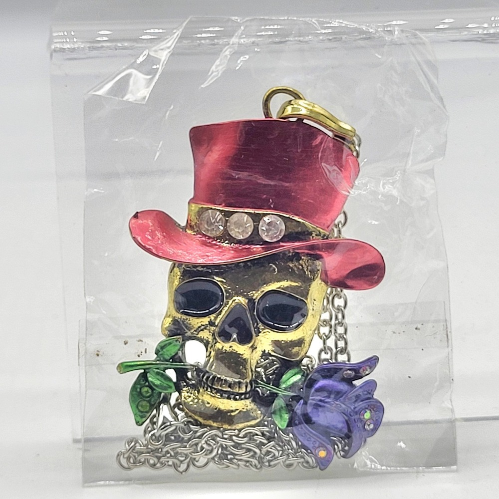 Skull Top Hat Rose Rhinestone Pendant Necklace Gothic Biker Red Purple 26in